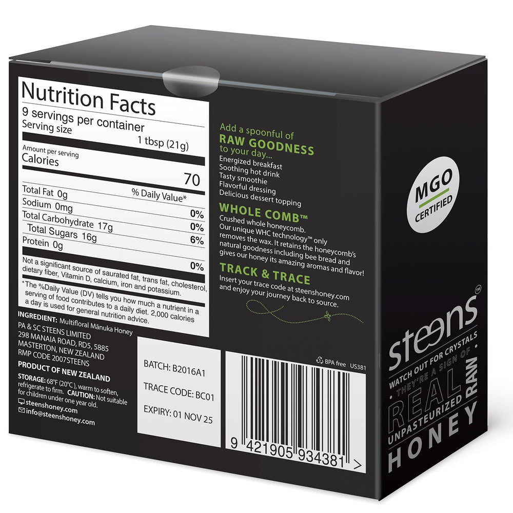 
                  
                    Steens Manuka Honey - Back of box for 20 Packets
                  
                