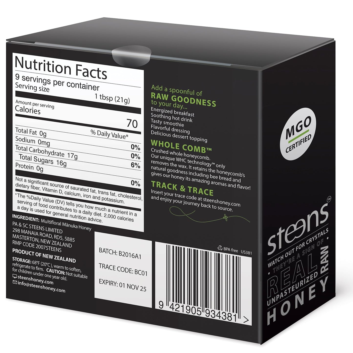 
                  
                    Steens Manuka Honey - Back of box for 20 Packets
                  
                