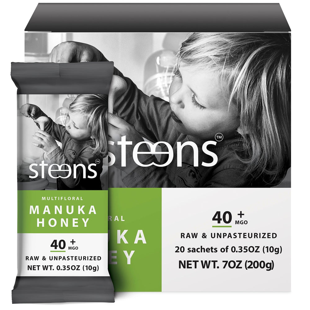 Steens Snap Packs - 20 Sachets of MGO 40+ Multifloral Manuka Honey from Aotearoa - New Zealand - Each Unit 0.35 oz - Ideal for travels and to get a quick powerboost